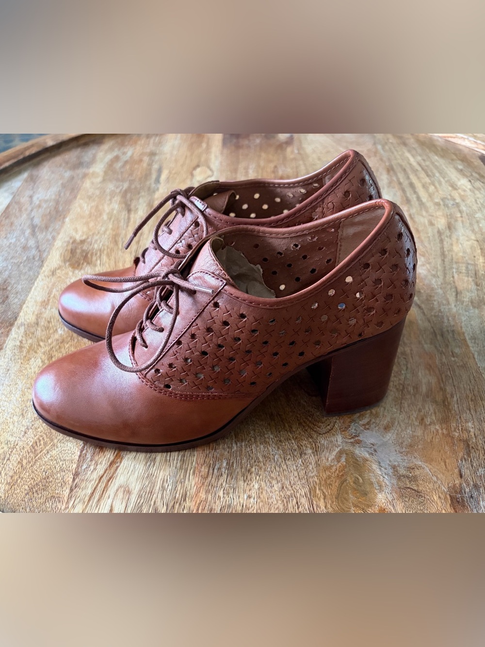 Patricia Nash Woven Perforated Leather Block Heel Oxford Booties Tan Brown 10M